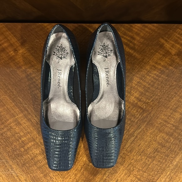 J.Reneé EUC Navy Mary Square-toe Gold accent Lizard Pumps 7M - Picture 7 of 9